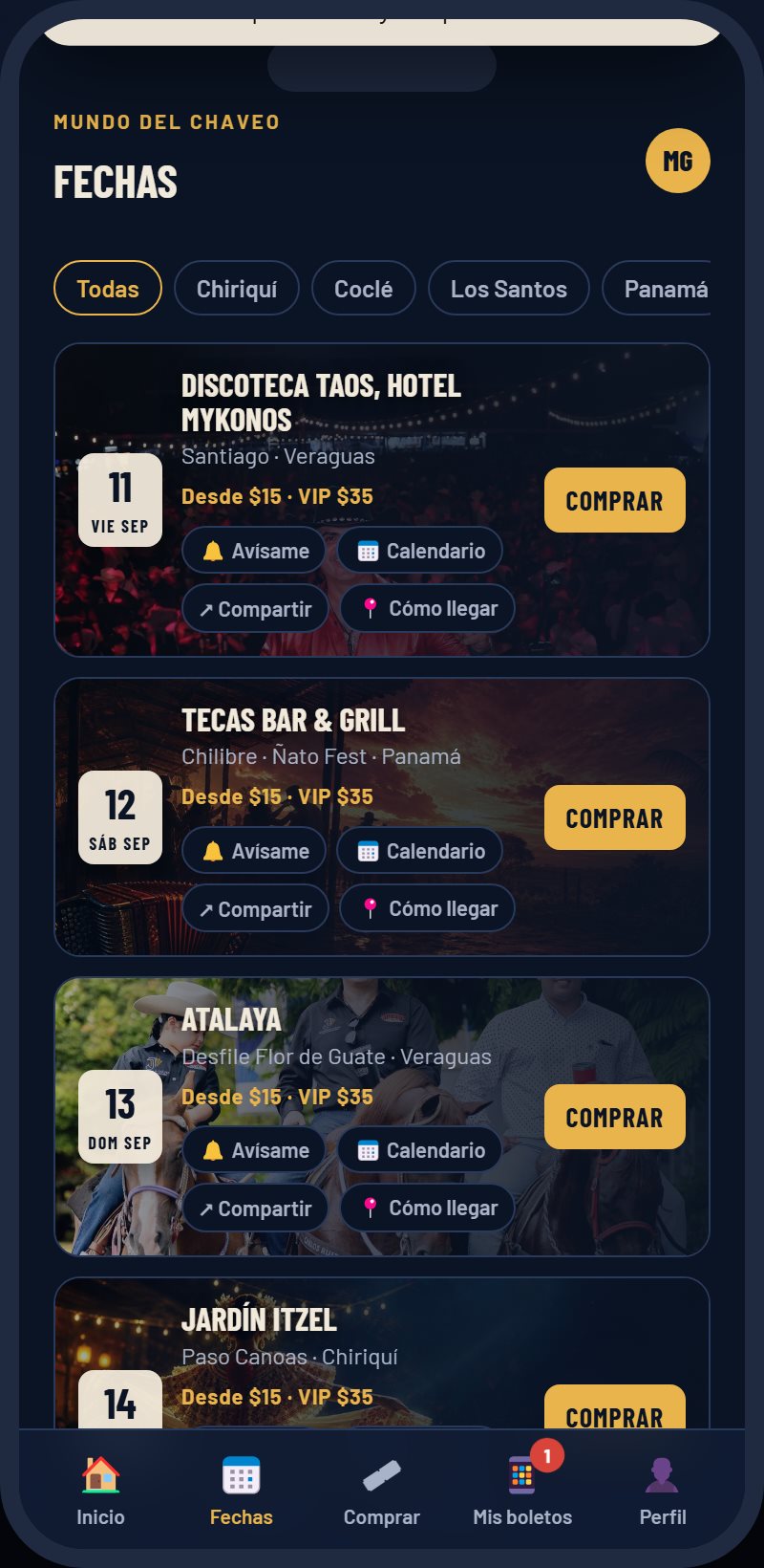 Pantalla de fechas de la app