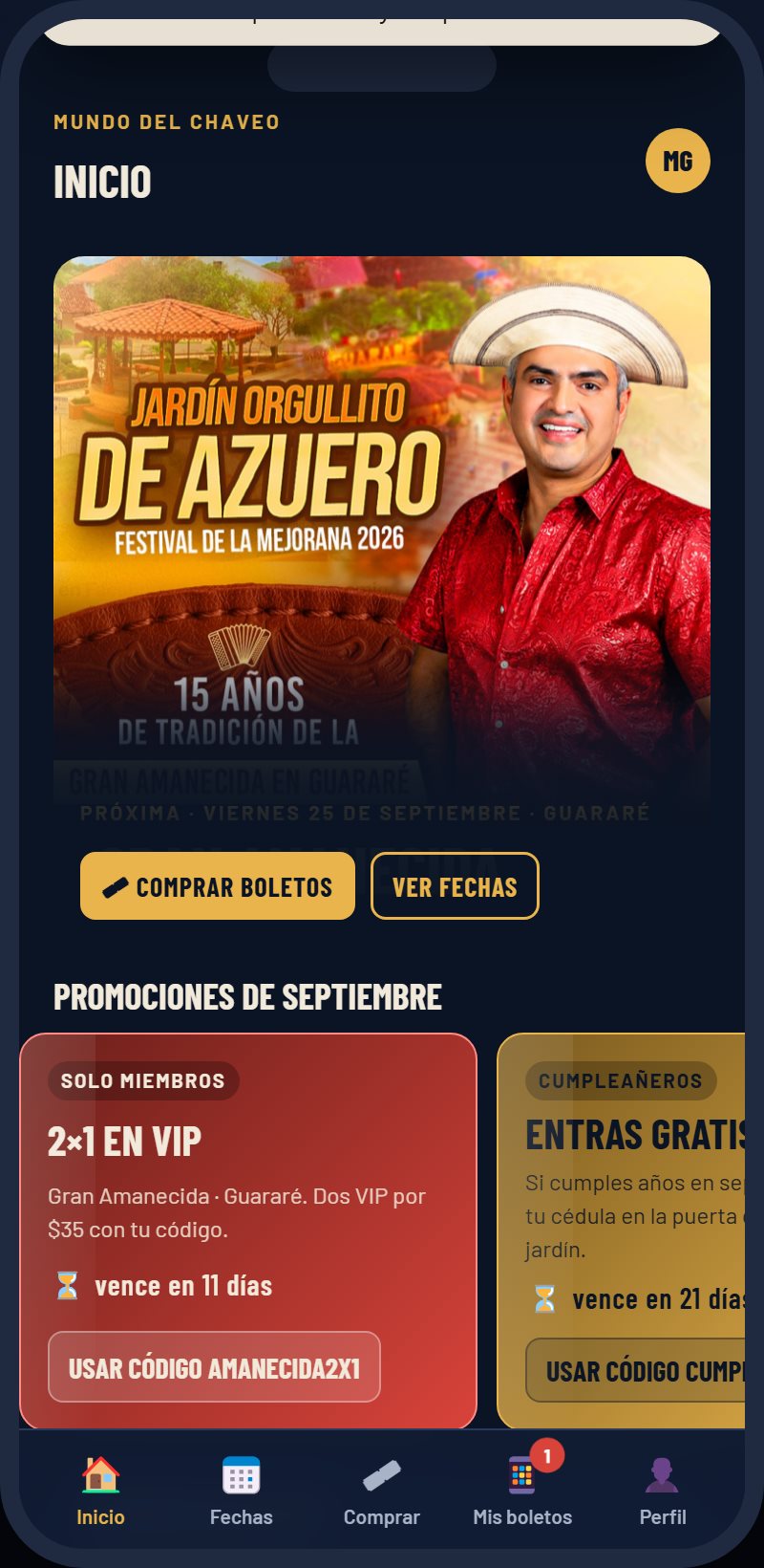 Pantalla de inicio de la app